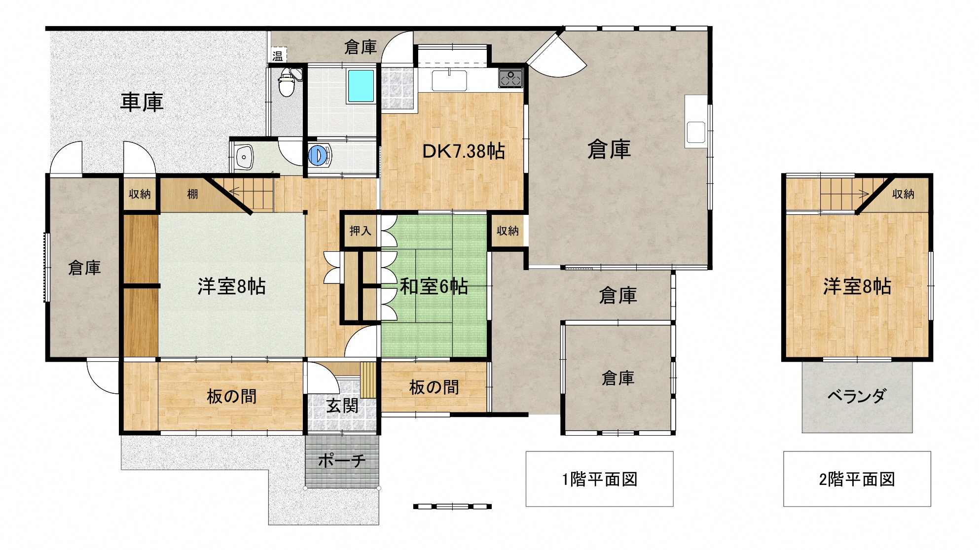 DK1部屋、洋室2部屋、和室1部屋、浴室、トイレ、倉庫などの間取り図