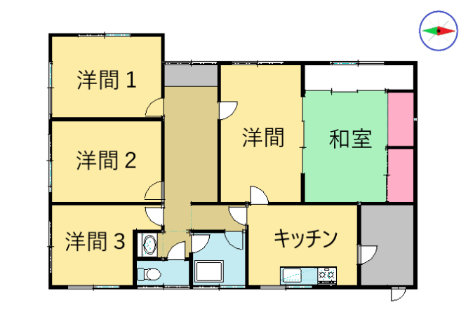 和室が1室、洋室が3室、洋間が1室、キッチンの位置を示した間取り図
