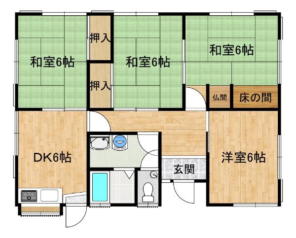 和室6帖が3室、DK6帖が1室、洋室6帖が1室の位置を示した間取り図