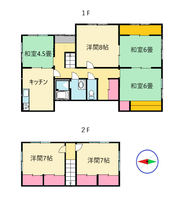和室4.5畳が1室、和室6畳が2室、洋間8帖が1室、洋室7帖が2室、キッチンの位置を示した間取り図