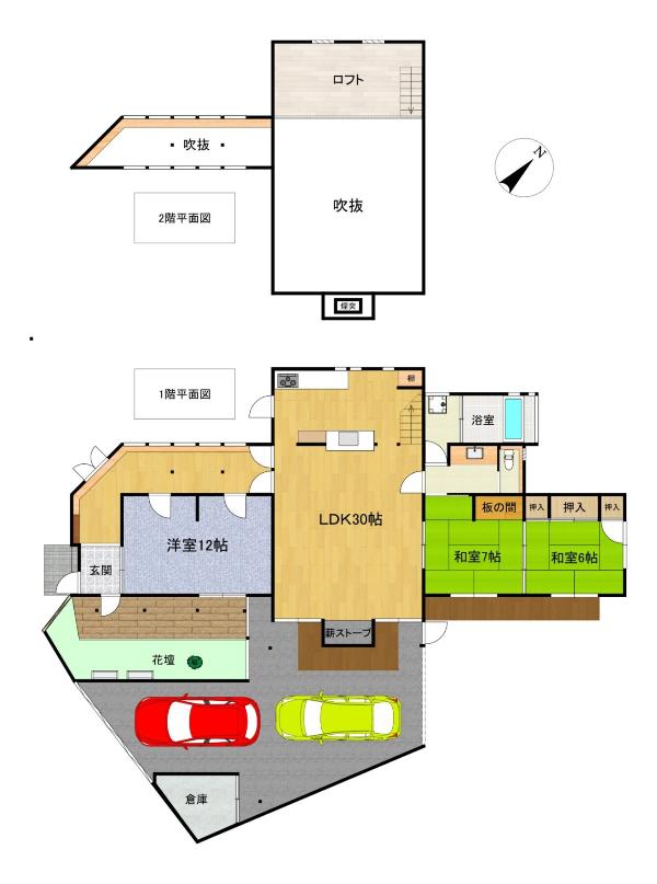 LDK30帖、洋室12帖、和室7帖、和室6帖、ロフト、車庫の位置を示した間取り図