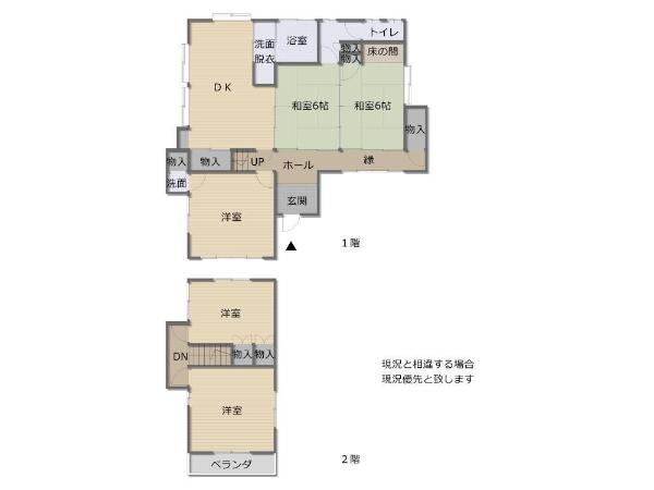 DK1部屋、洋室3部屋、和室6帖2部屋、トイレ、浴室等の位置を示した間取り図