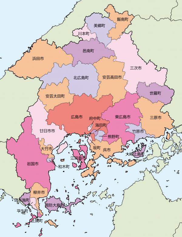 広島広域都市圏の30市町が色付けされた地図