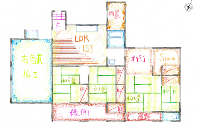 店舗16畳が1室、和室6畳が4室、LDK13畳が1室、洋室4.5畳が1室、お風呂が1室、トイレが1室、キッチン1室の位置を示した間取り図
