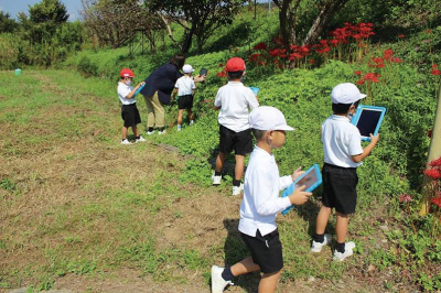 赤い彼岸花が咲く自然あふれる場所で、先生と子どもたちがタブレットを一人一台持って探究活動をしている様子の写真