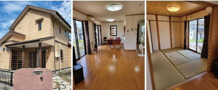 左：外壁が濃ベージュで三角屋根をした2階建ての家屋全体を写した写真、中：フローリングの床で奥にテーブルセットが置かれたリビングを写した写真、右：大きなガラス戸がある6畳の和室内を写した写真