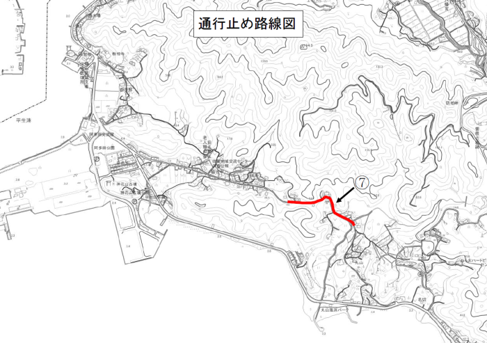平生町内の通行止めの箇所が赤線で記されている地図