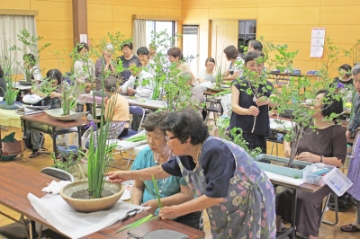 2人1組で長机1台を使い生け花を習っている池坊周南支部の活動を写した写真