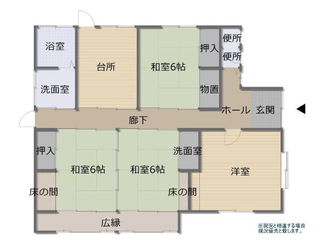 和室6帖3部屋、洋間1部屋、台所、浴室、トイレなどの間取り図