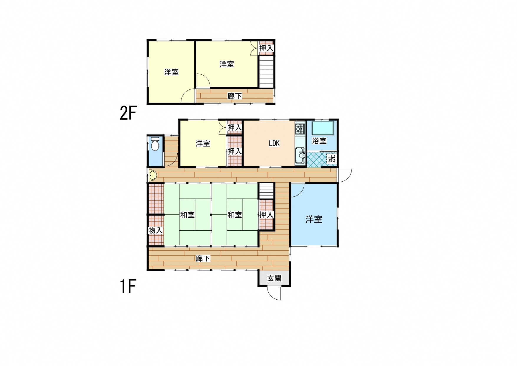 和室が2室、LDKが1室、洋室が3室の位置を示した間取り図