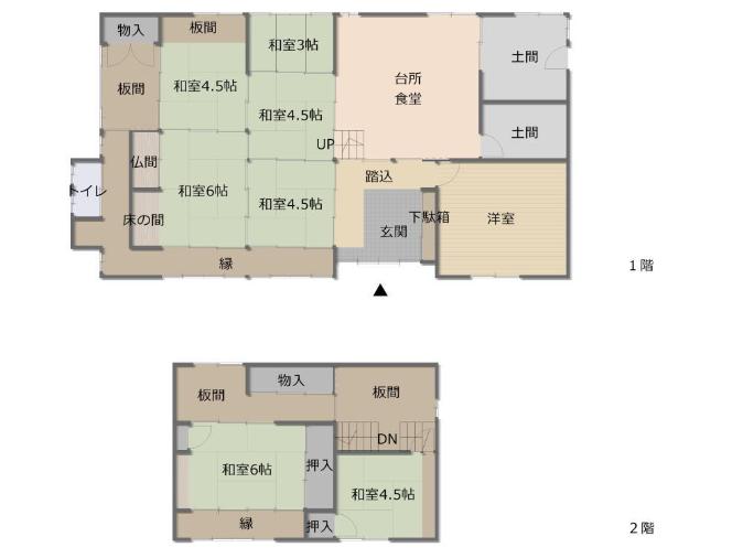 和室3帖が1室、和室4.5帖が4室、和室6帖が2室、洋室が1室、キッチンの位置を示した間取り図