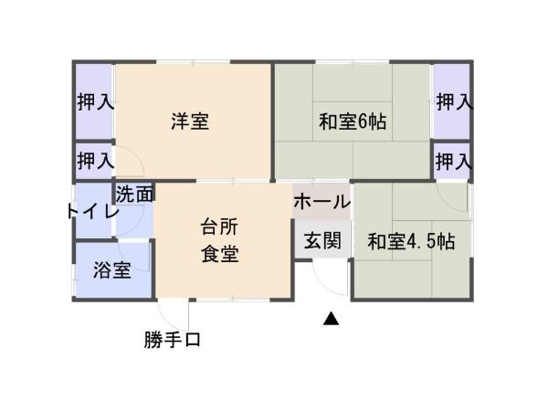 洋室1部屋、和室6帖1部屋、和室4.5帖1部屋、浴室、トイレなどの間取り図