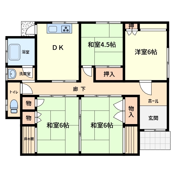 DK1部屋、洋室6帖1部屋、和室6帖2部屋、和室4.5帖1部屋、トイレ、浴室等の位置を示した間取り図