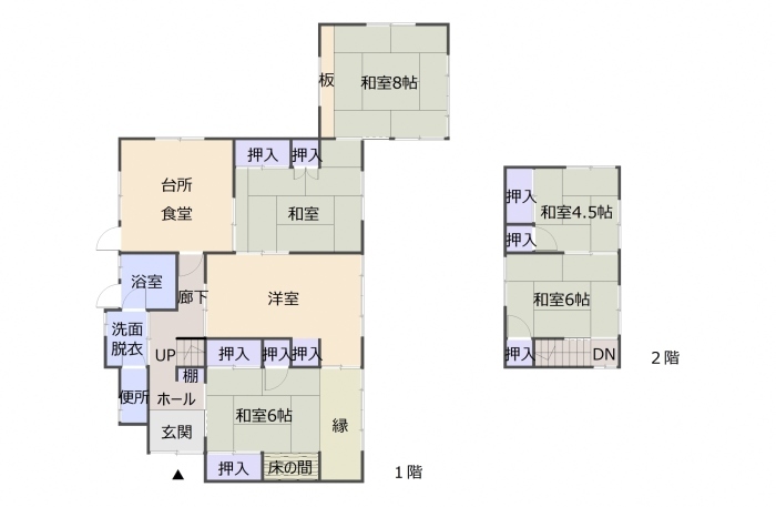 3部屋の和室と台所兼食堂、洋室、浴室、便所のある1階と和室が2部屋ある2階の位置を示した間取り図