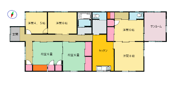 和室6畳が2室、洋間6帖が2室、洋間4.5帖が1室、洋間8帖が1室、サンルーム、キッチンの位置を示した間取り図