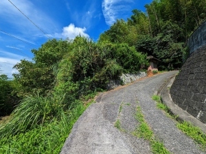 先がカーブしている登り坂になっている道を写した写真