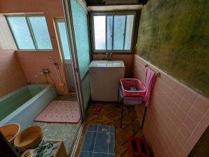 左側に長方形で水色の浴槽のある浴室の右側が脱衣所となっている写真