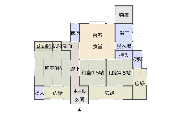 3部屋の和室と台所兼食堂、浴室、トイレなどの位置を示した間取り図