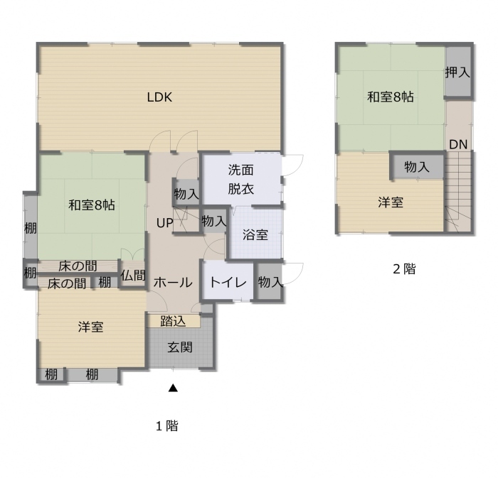 トイレ、8帖和室が2部屋、LDK、洋室が2部屋、浴室、などの位置を示した間取り図
