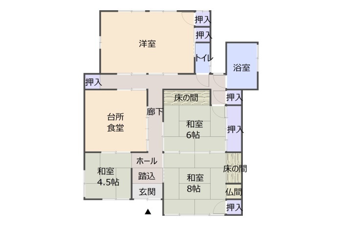 洋室、3室の和室、台所兼食堂、浴室、トイレなどの位置を示した間取り図