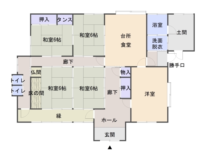 トイレ、6帖和室が4部屋、台所兼食堂、洋室、浴室、土間などの位置を示した間取り図