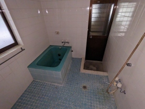 臼ピンク色のタイル張りの壁、長方形の水色の浴槽が設置されている浴室の写真
