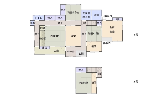 3部屋の和室、洋室、板間、台所兼食堂、トイレ、浴室などの1階部分、6畳和室、押入、板間の2階部分の位置を示した間取り図
