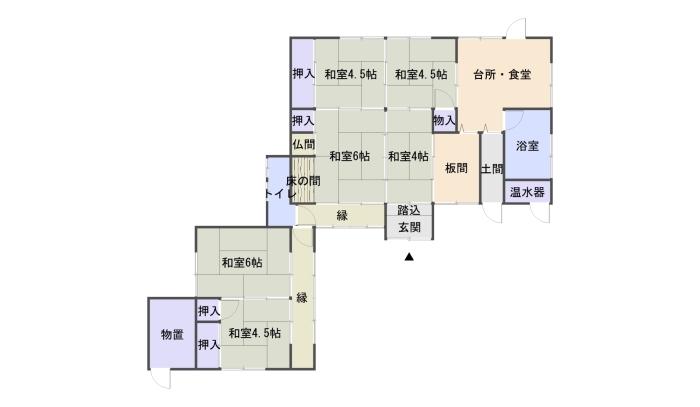 4.5帖の和室が3部屋、4帖の和室が1部屋、6帖の和室が2部屋に台所・食堂、浴室、トイレ、板間と土間があり物置がある間取り図
