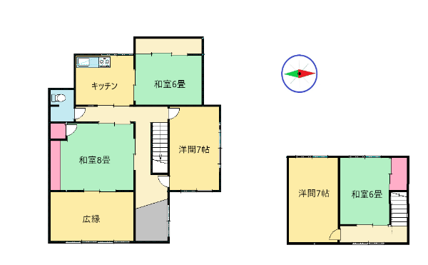 和室3部屋、洋間3部屋、キッチン1部屋、トイレなどの間取り図