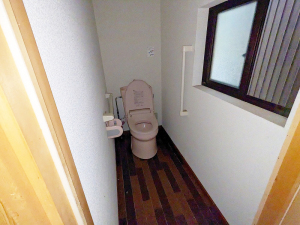奥に長い造りになっており、手すりが設置されているピンク色の様式トイレの写真