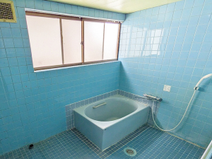 全体が水色のタイル張りで大きな窓があり、浅めの浴槽とシャワーがある浴室内の写真