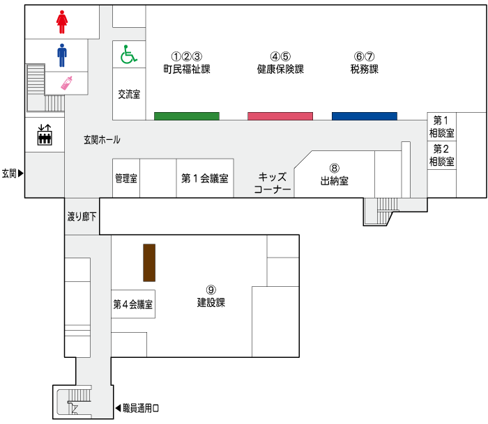 平生町役場1階の庁舎案内図