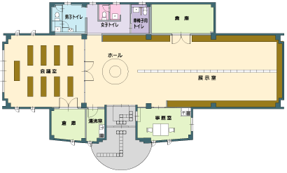 会議室、ホール、展示室、倉庫、トイレ、事務室など館内の位置を示した館内図